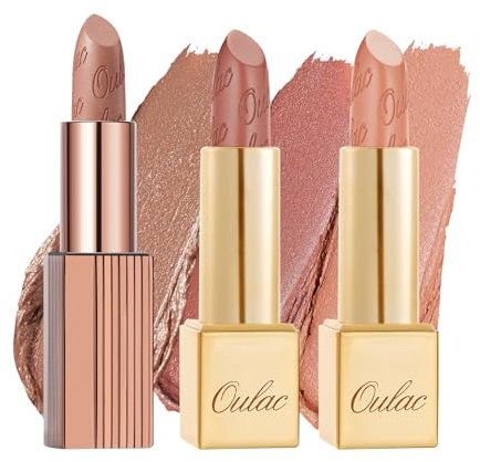 Oulac Nude Metallic Shine Lipstick Set - Lip Set for Women, Gold Brown Lip Color, Creamy Formula, Full Coverage, Hydrating & Smooth, Infused with Shea Butter, Vegan, Clean Beauty B601(601+GM03+GM04)