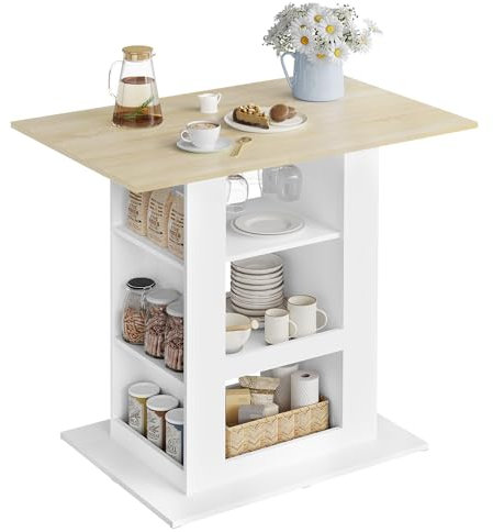 WOLTU Mesa de Bar con Estantes, Mesa Alta Cocina con Portavasos, Barra para Bistró Barra Cocina Salón y Comedor, Blanco, 105x94x68 cm