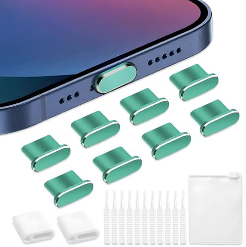 VEINARDYL 8 pcs Dust Plug for iPhone, USB C Charging Port Protector Cap with 10 Cleaning Brush, Headphone Jack Dust Plug Charger Cover compatible with iPhone 15/16 Plus Pro Max iPad 10th/ Air-Green