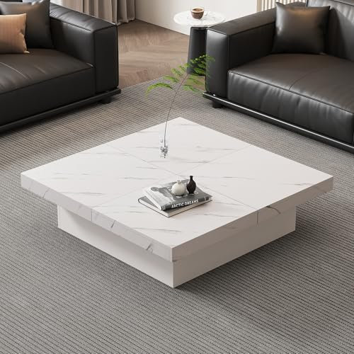 BTM Table Basse Carrée, Moderne Effet Marbre, avec 4 Tiroirs, Table Basse Salon, Plateau Coulissants, Charge de 30kg, 90x90x25cm, Blanc
