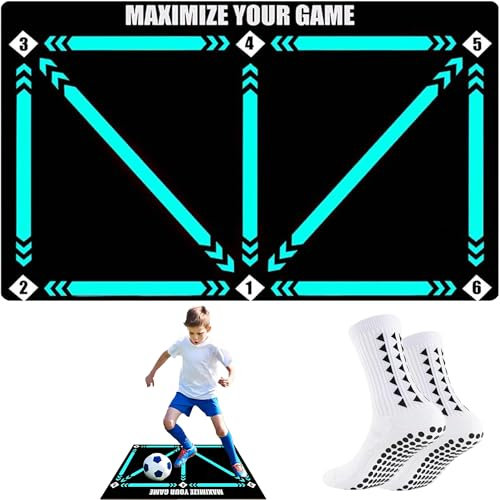 Football Training Mat - Soccer Mastery Skills XL Mat 90 x 60cm for Dribble, Ball Control & Stress Relief Footstep Compatible Mobile APP, Birthday Gift for Boys, Kids,Coach & Adults (Black+Socks+Bag)