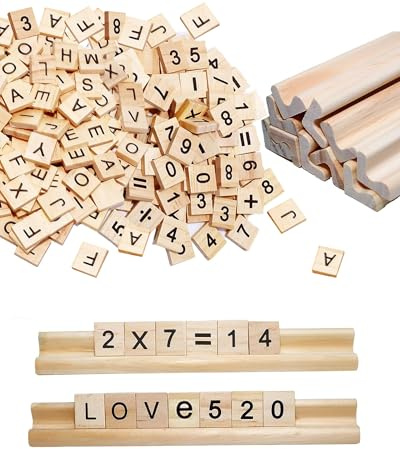 300 Stück Holzbuchstaben Klein Set,Scrabble Buchstaben Holz mit Zahlen & 2 Briefhaltern,Scrabble English Alphabet A bis Z, ideal für Basteln, Lernen, Brettspiele(Buchstaben + Zahlen + Holzrahmen)