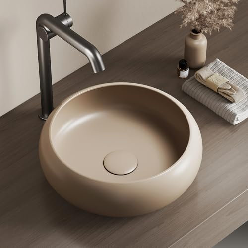 EMKE Lavabo da Appoggio – Lavabo Rotondo in Ceramica, 36 x 36 x 12 cm, Installazione su Piano,Beige opaco, Ideale per Bagno e WC Ospiti