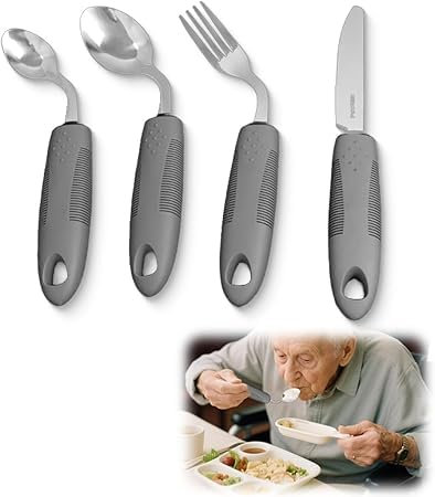 Couverts pour Parkinson et Handicapées de Personnes âgées - Kit d'outils avec couteau et fourchette pour gaucher, Cuillère incurvée, Poignée épaisse Pour arthrose rhumatisme, Gris