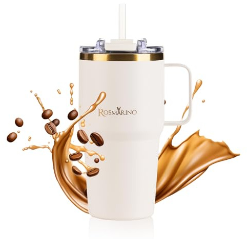 ROSMARINO MegaCup 580ml – Creme-Gold – Vakuumisolierter Edelstahl Reisebecher – Auslaufsicher & Wiederverwendbar - Hält 11h Kalt & 7h Warm - BPA-frei