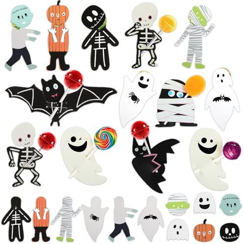 DPKOW Lot de 32 porte-sucettes d'Halloween, cartes en papier pour sucettes, crâne, chauve-souris, citrouille, fantôme, pour sacs de fête d'Halloween, décorations pour bonbons et bonbons