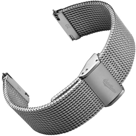 WatchGecko Cinturino obliquo in maglia milanese, motivo diagonale unico, chiusura scorrevole, per tutti i tipi di orologi, lucido, 18 mm, 19 mm, 20 mm, 21 mm, 22 mm