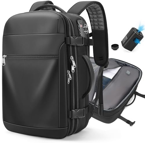 LOKASS Zaino sottovuoto, 60 l, zaino da viaggio espandibile con pompa a vuoto, impermeabile e lucchetto TSA, approvato come bagaglio a mano in aereo, adatto per laptop da 17,3 pollici, nero