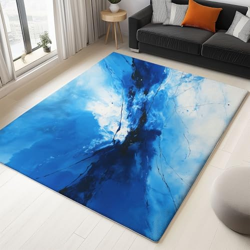 Generisch Teppich Abstraktes Blau-Weiß-Gemälde rutschfest Waschbar Teppiche 120 x 180 cm Weiche Flanell Teppich, für Schlafzimmer Kinderzimmer Wohnzimmer Kurzflor Bodenmatte