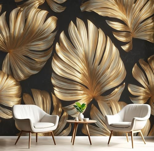 Seide Fototapete, 400x280cm Tropische Pflanzen XXL Wandtapete Goldene Blätter Tapeten Wandpapier Wanddekoration für Wohnzimmer Schlafzimmer Esszimmer, Goldgelb