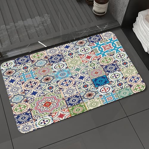 DALEXHM Microfibre Bath Mat, Door Mat, Pet Mat,Bathroom Rug Machine Washable,Non-slip,Super absorbent,Extra Soft,Patchwork Theme Mosaic Ceramic View Moroccan Tile Traditional Ations Art Print,16x24in