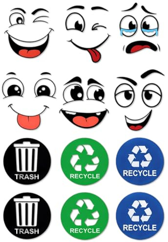Tniytru 12 Pcs Wheelie Bin Stickers, Funny Recycling Stickers for Bins Cute Style Eyes and Mouth DIY Self-Adhesive Cartoon Expressions for Decorative Wall, Trash Cans Indoor Outdoor