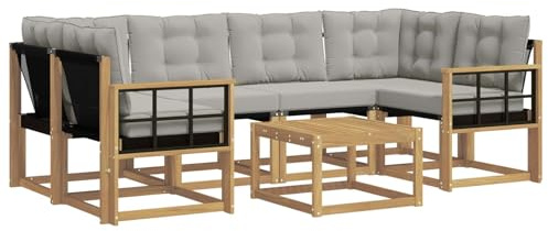 vidaXL Outdoor-Sofagarnitur mit Kissen 7 pcs Weiß und Hellgrau, Moderne Garten-Sofa-Garnitur, Robustes Akazienholz, Bequeme Terrasse, stilvolle Couch zum Entspannen