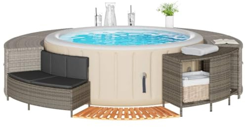 CIOURSTO Whirlpools Umrandung, Poolumrandung mit Regal Poolverkleidung mit Stahlrahmen, Einfassung,Hergestellt aus Polyethylen-Rattan und massivem Akazienholz (1x Schritt)