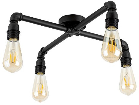MiniSun | Industrial Steampunk Satin Black 4 Way Pipework Over Table Ceiling Light | Home Décor, Bedside & Desk Lamp