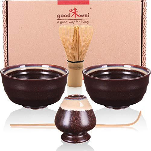 Goodwei Juego de té Matcha para Dos - Bol de té, batidor y Soporte Incl. Caja de Regalo (Kumo), Cerámica, 180 ml