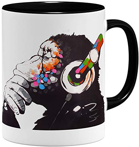 OM3® Monkey Ape Affee Music Banksy Tasse | Keramik Becher | 11oz 325ml | Beidseitig Bedruckt | Schwarz
