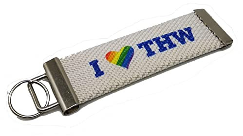 Pride Schlüsselanhänger aus ORIGINAL Feuerwehrschlauch: I LOVE THW/Rückseite mit individuellen Text