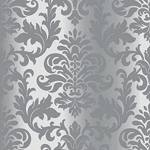 Platina Metallized Damask Grey Silver Textured Wallpaper