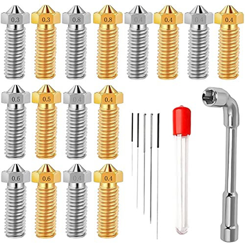 3D Drucker Düse Set, Volcano Nozzle, 8xMessingdüsen, 8xEdelstahldüsen, 1 Düsenschlüssel, 5pcs 0,2-0.8 Nadeln für 1.75 Filament 3D Drucker-Artillery Genius/Sidewinder X1 (0.4 * 8,0.3/0.5/0.6/0.8 * 2)