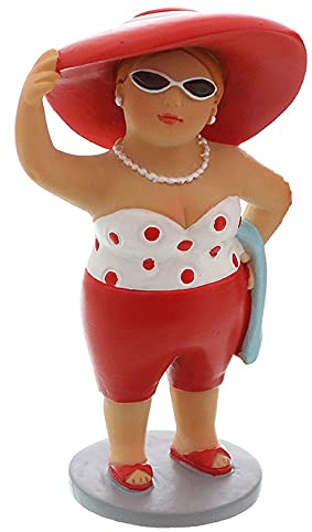 ETC dekorative witzige kleine Dekofigur Strandlady mit Badetuch oder Badetasche weiß-rot oder weiß-blau (weiß rot mit Badetuch)