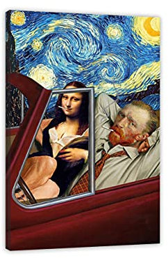 ZHONGYUTONG Lustiger Van Gogh und Mona Lisa Fahrender Kunstdruck auf Leinwand mit Rahmen Moderne Wandbilder Poster für Wohnzimmer Heimdekoration (30x45cm)