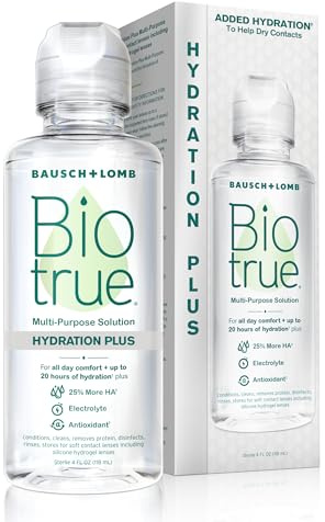 Biotrue Hydration Plus Contact Lens Solution, Multi-Purpose for Soft Lenses, Hydrates with Hyaluronan, Cleans, Clears, and Disinfects for All-Day Comfort, 4 Fl Oz (Pack of 1)