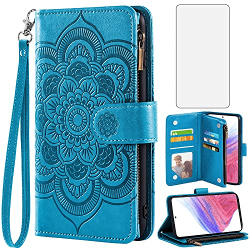 Asuwish Handyhülle für Samsung Galaxy A53 5G Hülle mit Folie Schutzfolie Kartenfach Klappbar Leder Blumen Geldbörse Ständer A 53/5G 53 G5 S53 53A 4G Handy Hüllen Schutzhülle Schutzglas Phone Case Blau