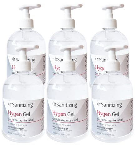 Hygen Gel Mani Disinfettante Igienizzante 3 Litri Antibatterico Sanificante Alcool 75% Elimina Virus Naturale con Aloe Vera e Timo Senza Risciacquo Profumato al Limone - 6 Flaconi da 500 ml