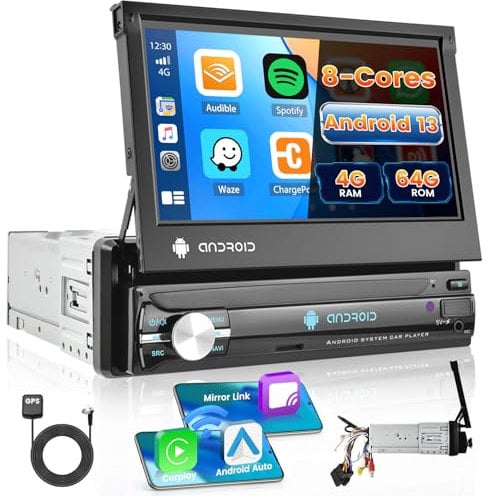 [8 Kerne 4G+64G] Hikity Android13 Autoradio 1Din Wireless CarPlay mit 7Zoll Ausfahrbarem Bildschirm Din 1 Radio mit Navi GPS WiFi&4G Android Auto SIM Schnittstelle DSP Bluetooth RDS AM FM Mirror Link