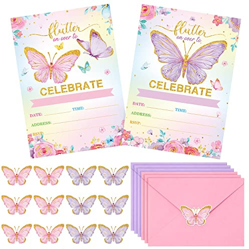 Sepamoon 24 Pack Butterfly Birthday Party Invitations with Envelopes Girls Floral Butterfly Invitation Cards Stickers Birthday Invitations Cards for Girls Party Baby Shower Wedding Decor(Purple)