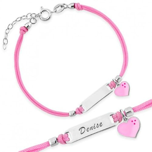 Sakrami Armband Silber 925 Mädchen Kordel Rosa Kordel und Herz Emailliert Rosa Visitenkarte Kids Collection + Personalisierte Geschenkbox - Geburtsarmband Kommunion oder Taufe