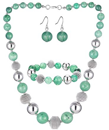 Bulinlin Perlen Damen Schmuck Set Silber Choker Halskette Ohrringe Creolen Statement Modeschmuck Weihnachtsgenchenke für Frauen(Jade Green)