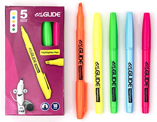 Eziglide 10-Pack Highlighters Pens Set, 5 Assorted Colours – Quick Dry, Vibrant Neon Chisel Tip Highlighter Markers for Bold & Fine Marking – Ideal Stationery for Study, Notes, School, Home, Office