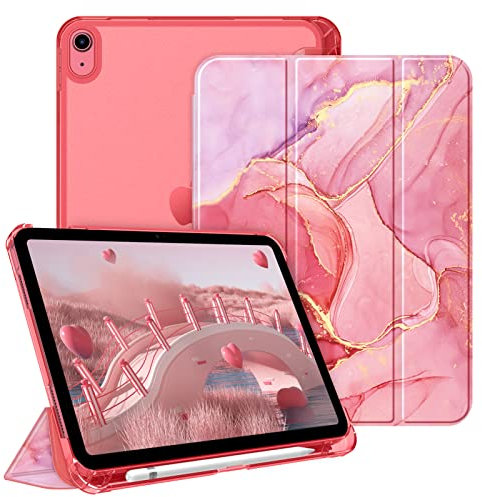 Fintie Hülle für iPad (A16) 11 Generation 11 Zoll 2025, iPad 10 Generation 10.9 Zoll 2022 mit Stifthalter - ultradünne leichte Schutzhülle mit transparenter Rückseite, Auto Schlaf/Wach, Marmor Rosa