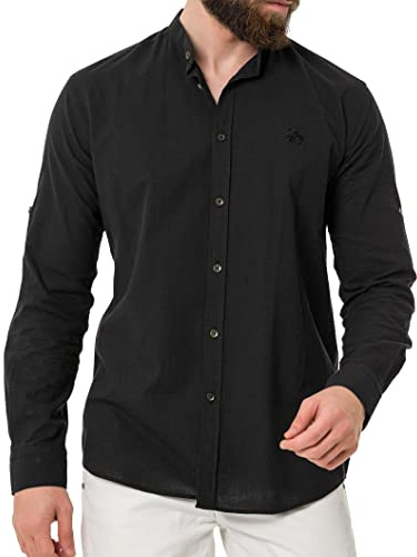 Cipo & Baxx Herren Leinen Hemd Langarm Stehkragen Regular Fit CH198 Schwarz S