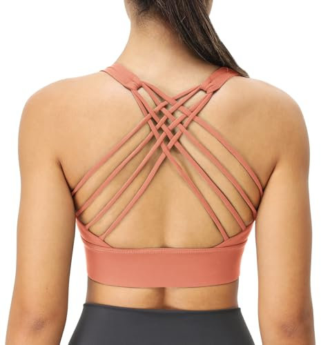 icyzone Damen Sport-BH Gepolstert Ohne Bügel Yoga Bra Gekreuzt Rücken Sport Gym Fitness BH (Copper Brown, XL)