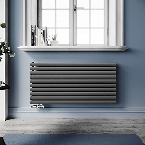 SUNXURY Design Heizkörper Röhrenheizkörper 593x1200mm Horizontal Doppellagig Heizkoerper mit Chrom Multiblock Seitenanschluss Anthrazit Badheizkörper