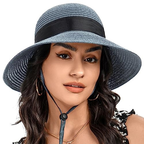 S.ROMZA Chapeau de Paille pour Femme avec Cordon Coupe-Vent à Large Bord Pliable pour la Plage, l'été, Protection UV 50+ (Bleu Clair)