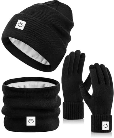 Wintermütze mit Smiley-Gesicht, Mütze, Schal, Handschuhe, Set, für Damen und Herren, niedliche Mütze, modisch, warm, Nackenwärmer, Touchscreen-Handschuh-Set, Schwarz, Einheitsgröße