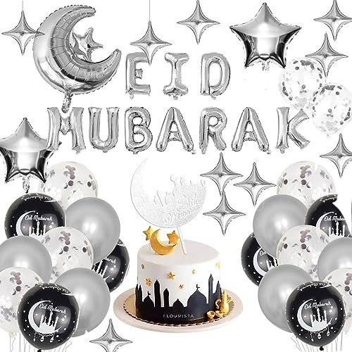 Eid Mubarak - Decoration Aid Moubarak - عيد مبارك - Kit Ballons + Banderole + Décoration Gateaux - Ramadan 2025 (modèle argent) - Joyeux Aïd El-Fitr