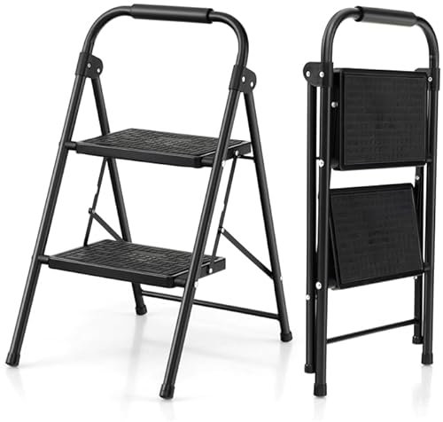 COSTWAY Trittleiter 2 Stufen Stehleiter, Klappleiter bis 150kg, Klapptritt Klappbar, Leiter mit Rutschfester Handlauf & Plattform, Metall Haushaltsleiter, für Zuhause Büro Garage, Schwarz (2 Stufen)