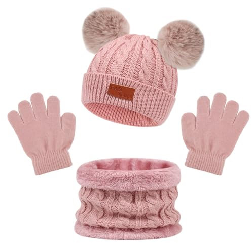 Veiteibe 3 Stück Kinder Winter Beanie Mütze Schal Handschuhe Set - Warm Gestrickt Verdickt für 1-5 Jahre Alt Jungen und Mädchen - Outdoor-Sport-Zubehör