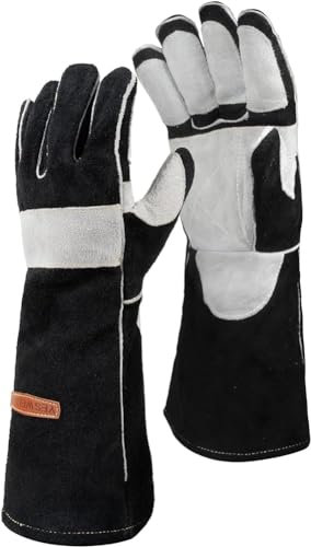 YESWELDER 40cm,500℃ Guantes de Soldador MIG de Forja de Cuero, con Costuras de Kevlar Resistentes al Calor/Fuego, Refuerzos en la Palma, Negro-Gris