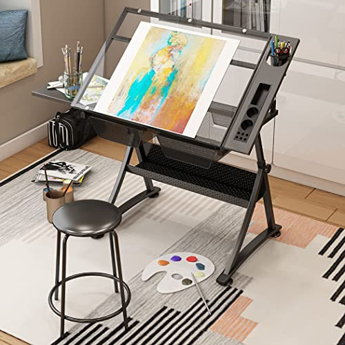 YSoLda Table à Dessin pour Artistes, Bureau d'écriture en Verre réglable en Hauteur avec Tabouret, Table à Dessin inclinable, Bureau d'artisanat/Art, 2 tiroirs de Rangement, Station de Peinture,