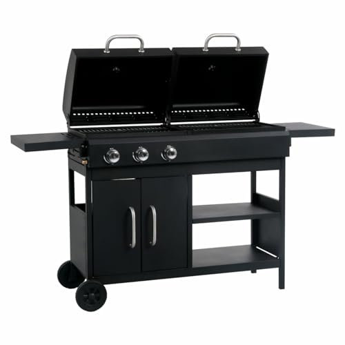 Homgoday Barbecue Combinato Carbone e Gas 3 Fuochi, Mobili per Casa Interno Esterno Soggiorno Camera da Letto