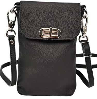 AnnaMatoni Handytasche zum Umhängen echt Leder Made in Germany, Handy Umhängetasche, Handytasche zum Umhängen, handtasche 100% Soft Nappa Leder umhängetasche Braun Schwarz (Schwarz 790)