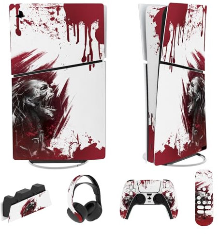PlayVital Adhesivo Completo para ps5 Slim Digital Edición - Pegatina de Vinilo para Consola, Mando, Auriculares, Estación de Carga y Control Remoto, Protector Duradero (Zombi de Sangre)