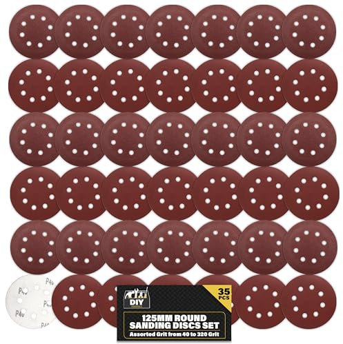 SOL 35pk Round Sandpaper 125mm - Assorted 40/60/80/120/180/240/320 Orbital Sanding Discs - Hook & Loop Sanding Discs for Electric Sander - Durable Abrasive Sheets for Wood, Metal and DIY Projects