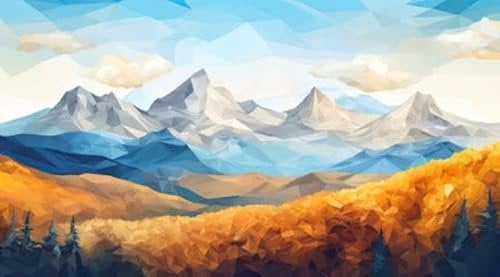 Acryl-Bild 90 x 50 cm: niedrige polygonale Berge mit gelbem Gras und blauem Himmel (211855441)